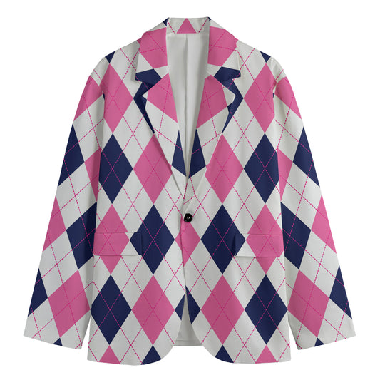 White Blue And Pink Argyle Pattern Print Men's Blazer