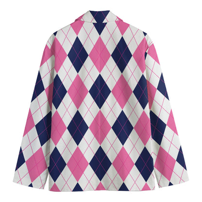 White Blue And Pink Argyle Pattern Print Men's Blazer