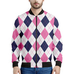 White Blue And Pink Argyle Pattern Print Men's Bomber Jacket