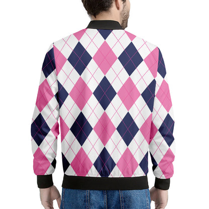 White Blue And Pink Argyle Pattern Print Men's Bomber Jacket