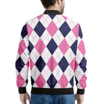 White Blue And Pink Argyle Pattern Print Men's Bomber Jacket