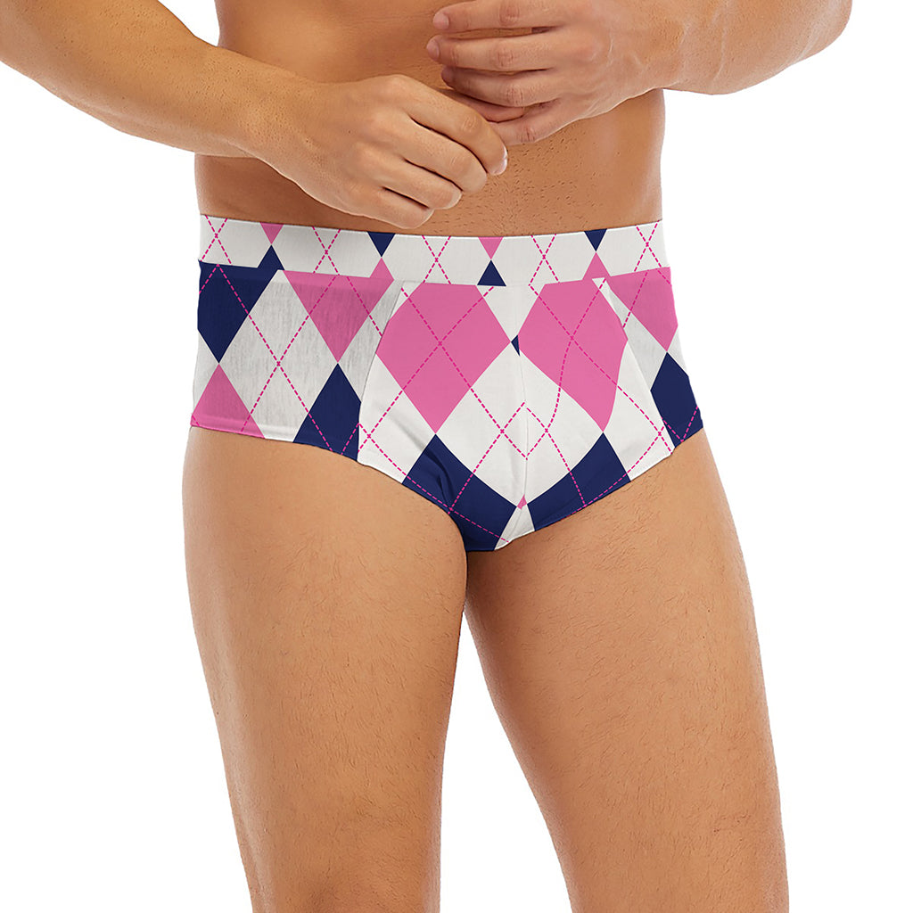 White Blue And Pink Argyle Pattern Print Men's Briefs