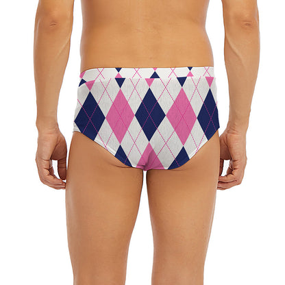White Blue And Pink Argyle Pattern Print Men's Briefs