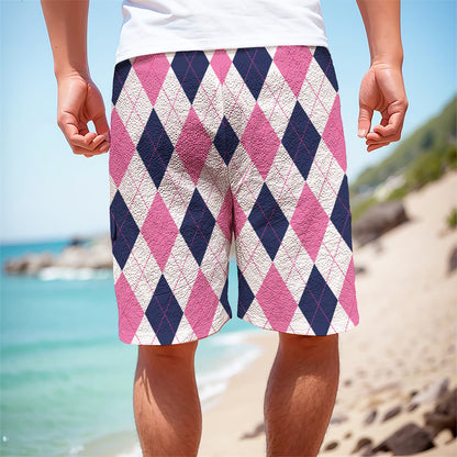 White Blue And Pink Argyle Pattern Print Men's Cargo Shorts