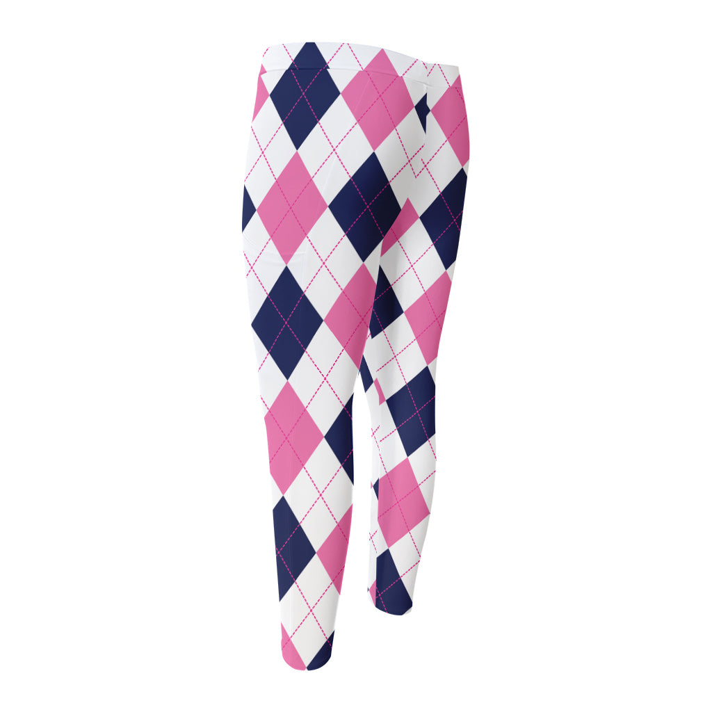 White Blue And Pink Argyle Pattern Print Men's Compression Pants