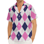 White Blue And Pink Argyle Pattern Print Men's Deep V-Neck Shirt