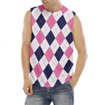 White Blue And Pink Argyle Pattern Print Men's Fitness Tank Top