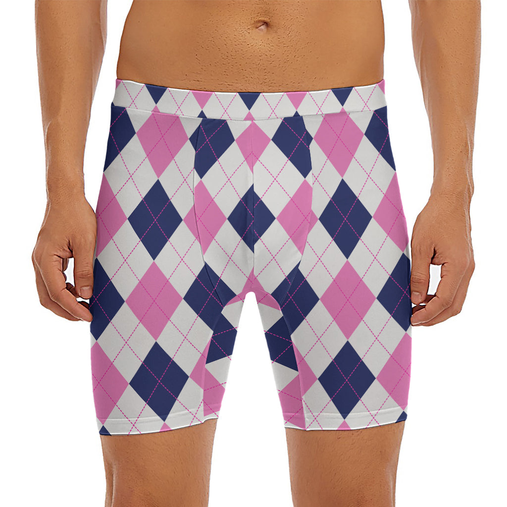 White Blue And Pink Argyle Pattern Print Men's Long Boxer Briefs