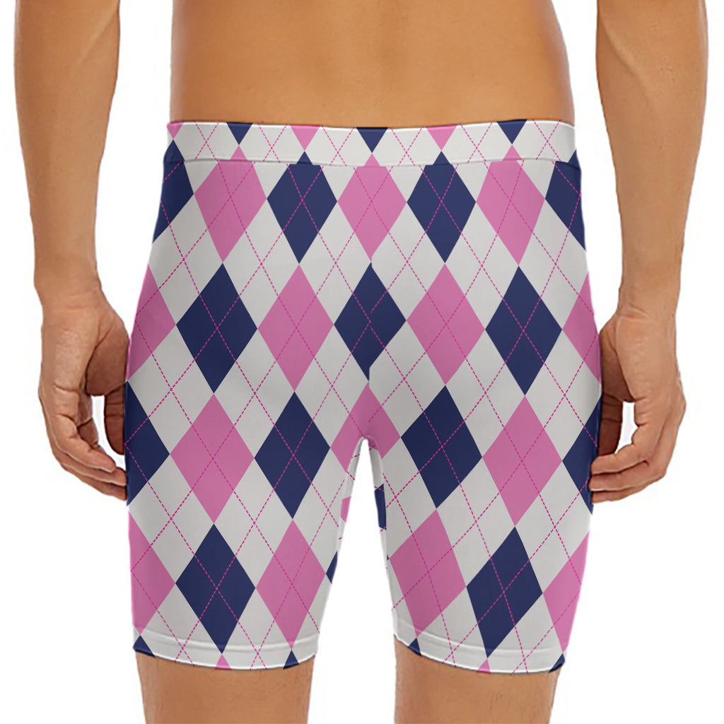 White Blue And Pink Argyle Pattern Print Men's Long Boxer Briefs
