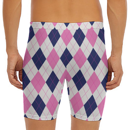 White Blue And Pink Argyle Pattern Print Men's Long Boxer Briefs