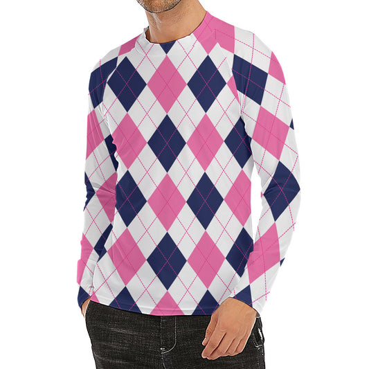 White Blue And Pink Argyle Pattern Print Men's Long Sleeve Rash Guard