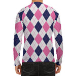 White Blue And Pink Argyle Pattern Print Men's Long Sleeve Rash Guard