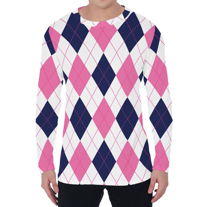 White Blue And Pink Argyle Pattern Print Men's Long Sleeve T-Shirt
