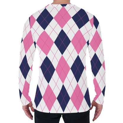 White Blue And Pink Argyle Pattern Print Men's Long Sleeve T-Shirt
