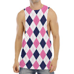 White Blue And Pink Argyle Pattern Print Men's Muscle Tank Top