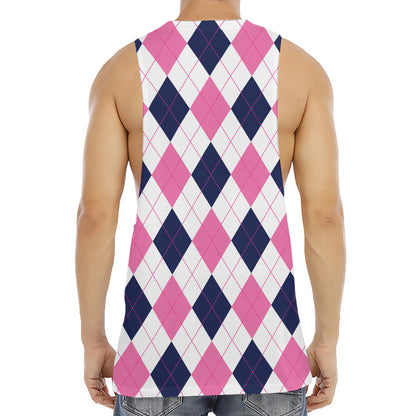 White Blue And Pink Argyle Pattern Print Men's Muscle Tank Top