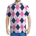 White Blue And Pink Argyle Pattern Print Men's Polo Shirt