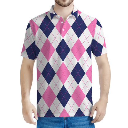 White Blue And Pink Argyle Pattern Print Men's Polo Shirt