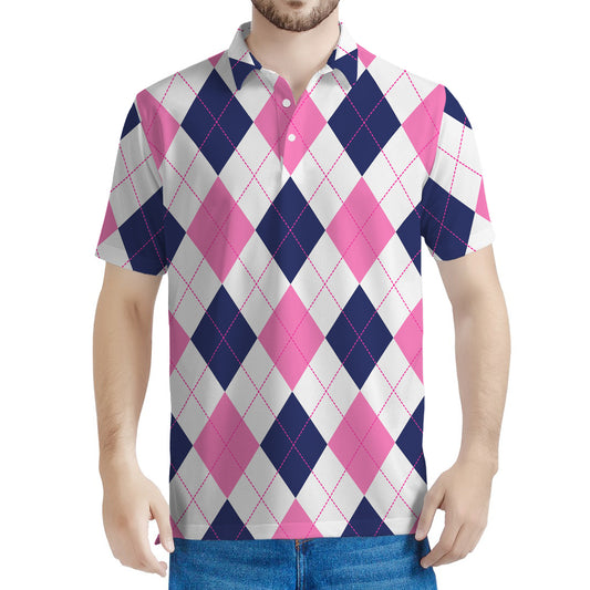 White Blue And Pink Argyle Pattern Print Men's Polo Shirt