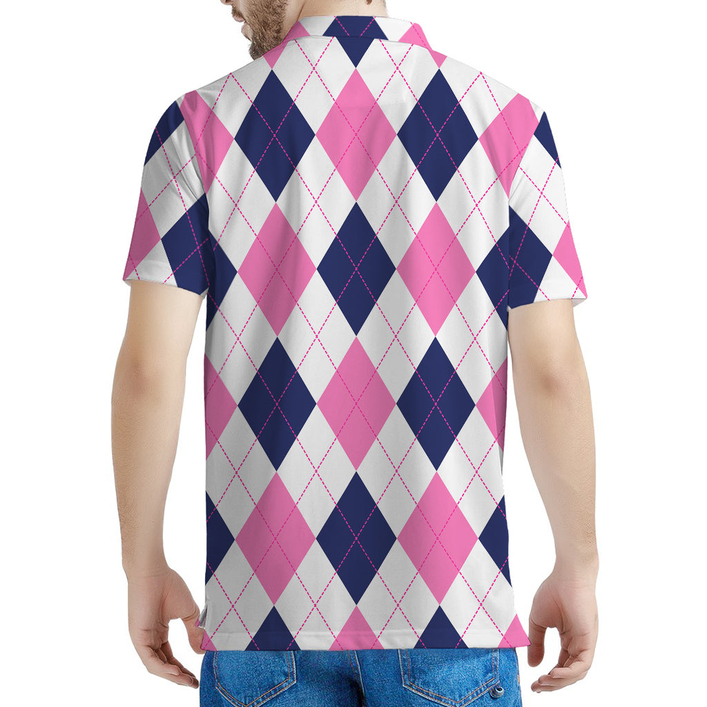 White Blue And Pink Argyle Pattern Print Men's Polo Shirt