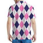 White Blue And Pink Argyle Pattern Print Men's Polo Shirt