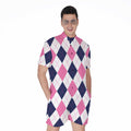 White Blue And Pink Argyle Pattern Print Men's Romper