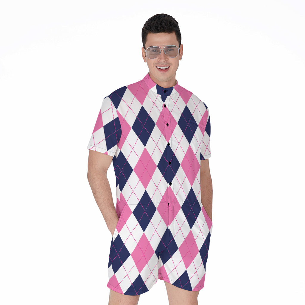 White Blue And Pink Argyle Pattern Print Men's Rompers