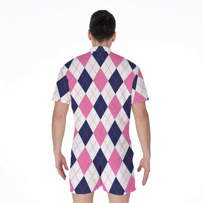 White Blue And Pink Argyle Pattern Print Men's Rompers