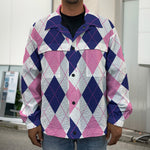 White Blue And Pink Argyle Pattern Print Men's Shirt Jacket