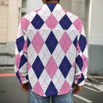 White Blue And Pink Argyle Pattern Print Men's Shirt Jacket