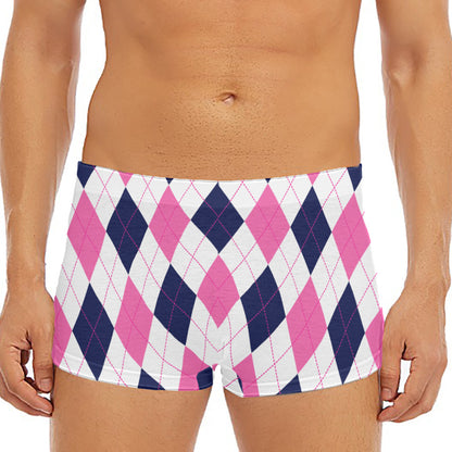 White Blue And Pink Argyle Pattern Print Men's Short Boxer Briefs