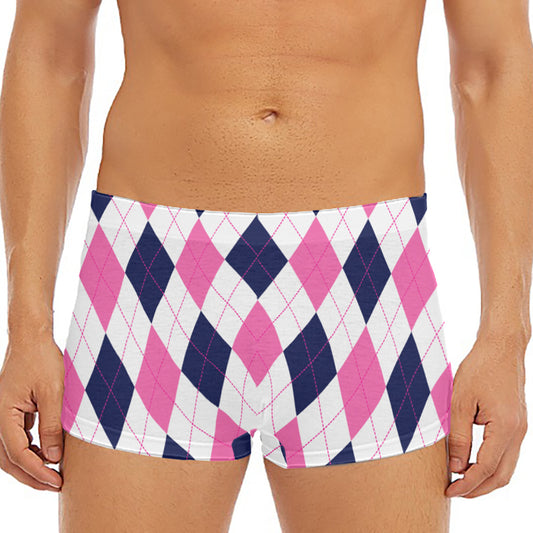 White Blue And Pink Argyle Pattern Print Men's Short Boxer Briefs