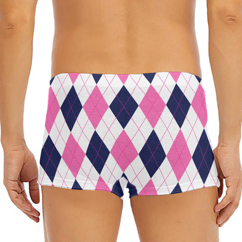 White Blue And Pink Argyle Pattern Print Men's Short Boxer Briefs