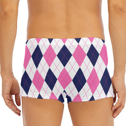 White Blue And Pink Argyle Pattern Print Men's Short Boxer Briefs