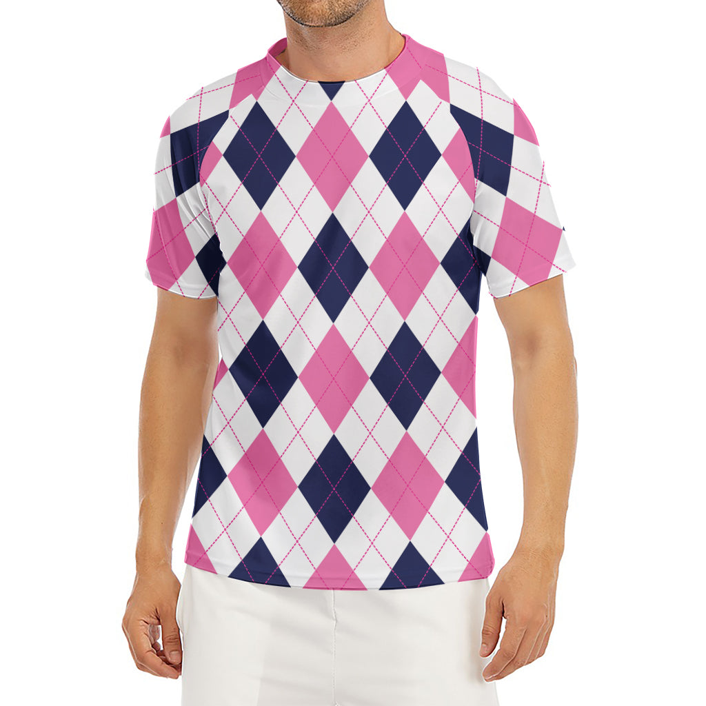 White Blue And Pink Argyle Pattern Print Men's Short Sleeve Rash Guard