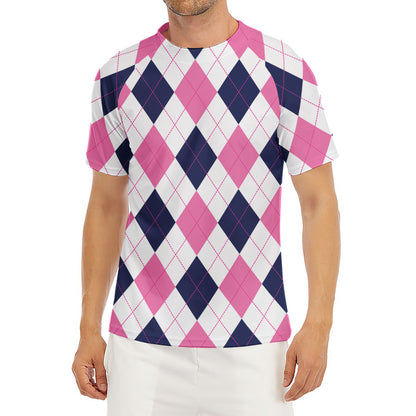 White Blue And Pink Argyle Pattern Print Men's Short Sleeve Rash Guard