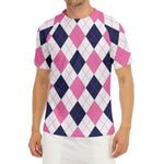White Blue And Pink Argyle Pattern Print Men's Short Sleeve Rash Guard