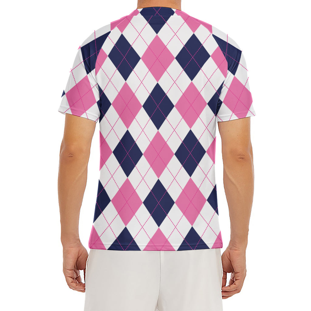 White Blue And Pink Argyle Pattern Print Men's Short Sleeve Rash Guard