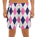 White Blue And Pink Argyle Pattern Print Men's Split Running Shorts