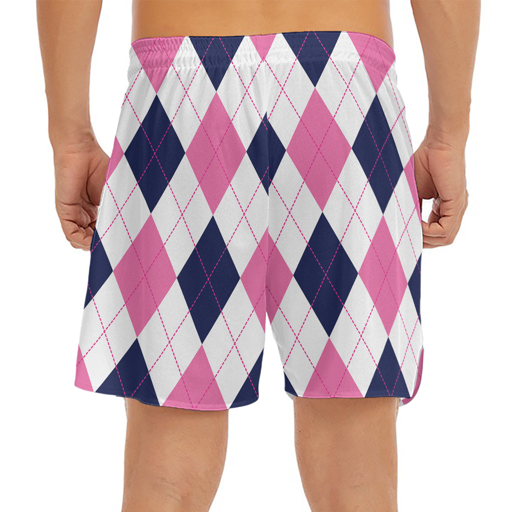 White Blue And Pink Argyle Pattern Print Men's Split Running Shorts