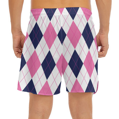 White Blue And Pink Argyle Pattern Print Men's Split Running Shorts