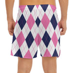 White Blue And Pink Argyle Pattern Print Men's Split Running Shorts