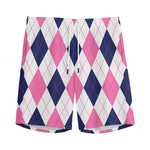 White Blue And Pink Argyle Pattern Print Men's Sports Shorts