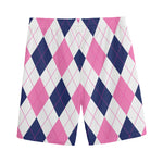 White Blue And Pink Argyle Pattern Print Men's Sports Shorts