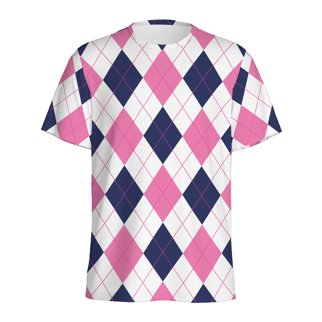 White Blue And Pink Argyle Pattern Print Men's Sports T-Shirt