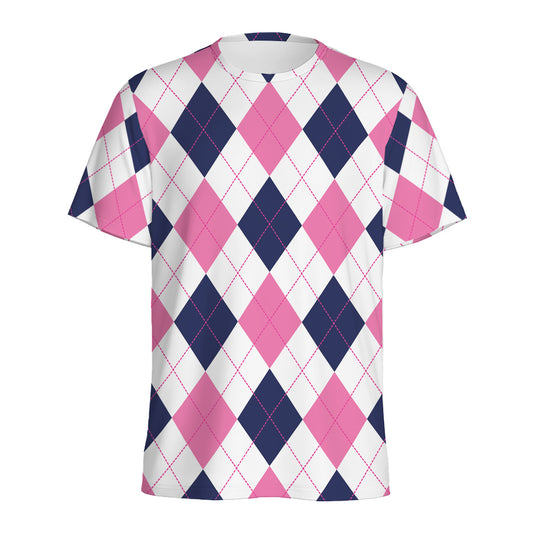 White Blue And Pink Argyle Pattern Print Men's Sports T-Shirt