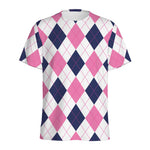 White Blue And Pink Argyle Pattern Print Men's Sports T-Shirt