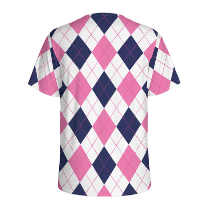 White Blue And Pink Argyle Pattern Print Men's Sports T-Shirt