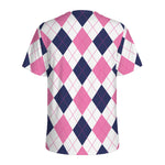 White Blue And Pink Argyle Pattern Print Men's Sports T-Shirt