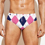 White Blue And Pink Argyle Pattern Print Men's Swim Briefs